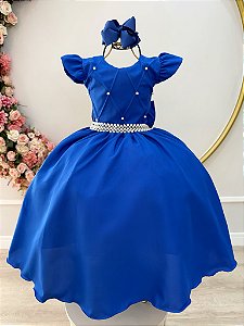 Vestido Infantil Longo Azul Royal Busto Nervura Daminhas