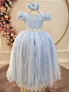 Vestido Infantil Longo Azul Renda Daminhas Festa Luxo