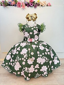 Vestido Infantil Verde Florido Broche Festas Natal Luxo