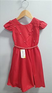 Vestido Infantil Vermelho Busto Nervuras Flores Festas Luxo