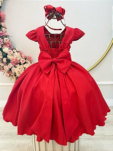 Vestido Infantil Vermelho Busto Nervuras Flores Festas Luxo