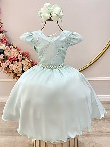 Vestido Infantil Verde Menta Busto Nervuras Flores Festas