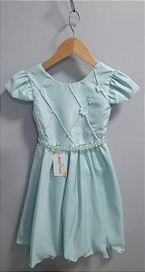 Vestido Infantil Verde Menta Busto Nervuras Flores Festas