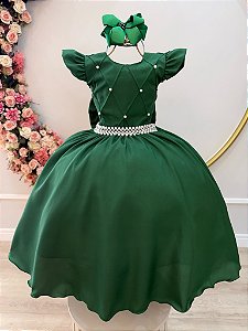 Vestido Infantil Verde Bandeira Busto Nervura Daminhas Luxo