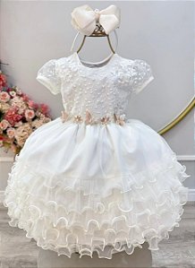 Vestido Infantil Marfim Jardim Encantado Saia Com Babados