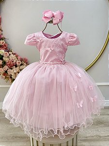 Vestido Infantil Rosa Busto Renda e Borboletas Daminhas