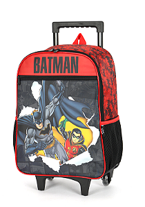 Mochila Escolar Infantil de Rodinhas Batman e Robin Preta e Vermelha