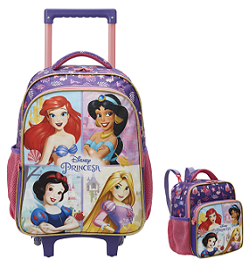 Kit Mochila de Rodinhas + Lancheira Escolar Princesas da Disney Glitter