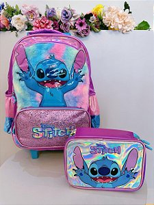 Kit Infantil Mochila rodinhas + Estojo da Lilo Stitch e Angel Roxo