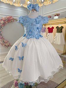 Vestido Infantil Azul Bordado e Borboletas Dama Festas Luxo