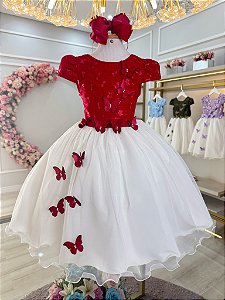 Vestido Infantil Vermelho Bordado Borboletas Dama Festa Luxo
