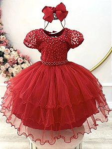 Vestido Infantil Vermelho Busto Renda e Pérolas Daminhas Festas
