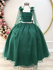 Vestido Infantil Longo Verde Aplique de Borboletas Festas Formatura