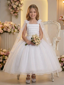 Vestido Infantil Longo Branco Formatura Aplique de Borboletas Festas