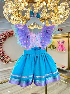 Romper Vestido Ariel Fundo do Mar Sereia Acompanha o Laço Lilás Luxo