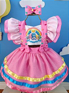 Romper Vestido Ursinhos Carinhosos Rosa Laço Festas Luxo