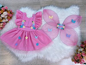 Romper Vestido Infantil Jardim Encantado Borboletas Rosa + Asa 2 Peças