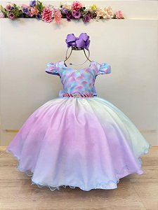 Vestido Infantil Sereia Busto Escamas Colorido Festas
