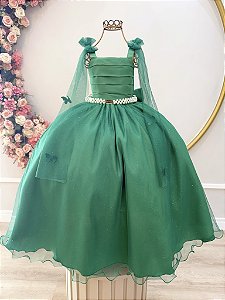 Vestido Infantil Longo Verde Aplique Borboletas Formatura
