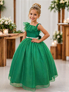 Vestido Infantil Longo Verde Aplique Borboletas Formatura