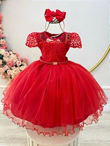 Vestido Infantil Vermelho Busto Renda e Bordado Damas Luxo
