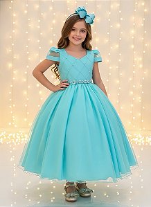 Vestido Infantil Longo Verde Busto Nervura Pérolas Damas