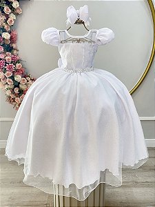 Vestido Infantil Longo Branco Busto Nervura Pérolas Damas