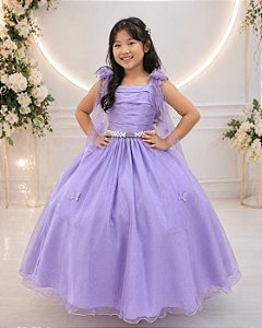 Vestido Infantil Longo Lilás Aplique Borboletas Festas Dama Luxo