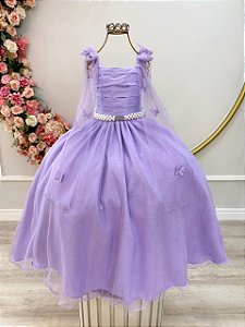 Vestido Infantil Longo Lilás Aplique Borboletas Festas Dama Luxo