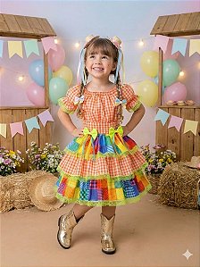 Vestido Junino Infantil Luxo Quermesse do Sertão Laranja