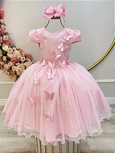 Vestido Infantil Rosa Com Renda e Borboletas Dama Festas Luxo