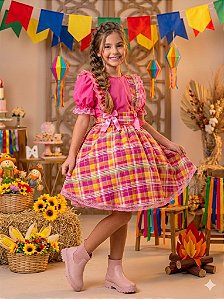 Vestido Junino Infantil Salopete Rosa Quadrilha Luxo Arráia
