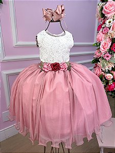Vestido Infantil Daminha Midi Florista Jardim Encantado Rose e Off