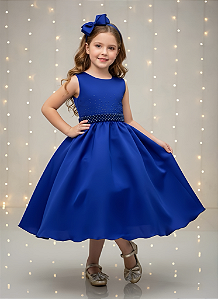Vestido Infantil Azul Royal Busto Strass Daminhas Festas
