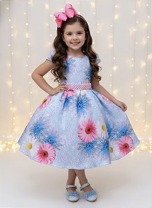 Vestido Infantil Azul Florido Com Cinto de Pérolas