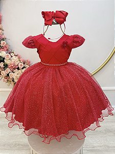 Vestido Infantil Vermelho Busto Nervuras Daminha Festas Luxo