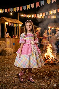 Vestido Infantil Junino Rosa Luxo Ursinho do Sertão Rosa