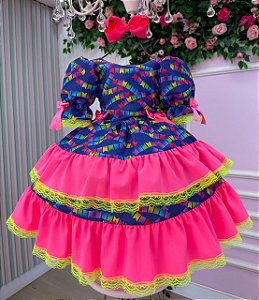 Vestido Junino Infantil Azul Pink Luxo Bandeirinha do Amor