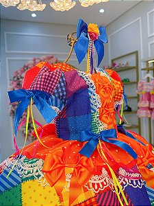 Vestido Infantil Junino Laranja Xadrez Colorido Luxo