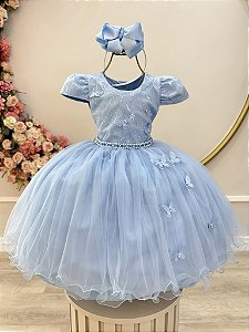 Vestido Infantil Azul Busto Renda e Borboletas Daminhas