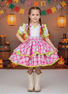Conjunto Infantil Junino Salopete Xadrez Rosa Verde