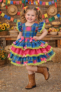 Vestido Infantil Junino Arraiá Capira Xadrez Azul Colorido