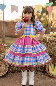 Vestido Infantil Junino Arraiá Capira Xadrez Colorido Azul
