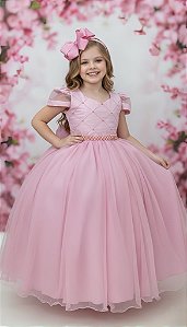 Vestido Infantil Longo Rose Busto Nervura Pérolas Damas Luxo