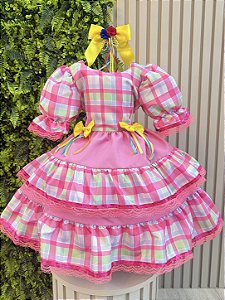 Vestido Infantil Junino Arraiá Capira Xadrez Colorido Pink