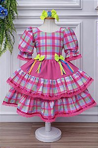Vestido Infantil Junino Arraiá Capira Xadrez Colorido Verde