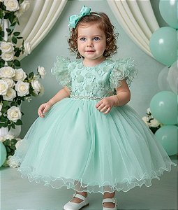 Vestido Infantil Verde Menta Com Renda Casamentos Festas Angelie