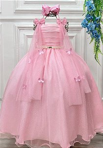 Vestido Infantil Longo Rosa Aplique Borboletas Festas Dama Luxo