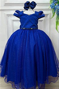 Vestido Infantil Longo Azul Royal Busto Nervura Damas
