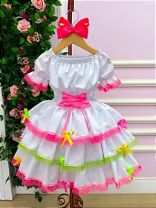 Vestido Infantil Junino Noivinha Caipira Luxo + Saiote